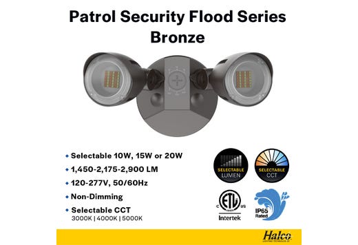 Patrol LED Security Flood Dual Heads NoMotion Sensor Lumen & CCT Selectable 10W-15W-20W 1300-2900lm 3K-4K-5K 120-277VAC Bronze Finish