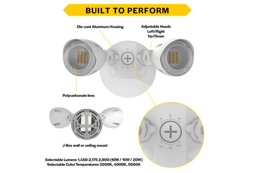 Patrol LED Security Flood Dual Heads NoMotion Sensor Lumen & CCT Selectable 10W-15W-20W 1300-2900lm 3K-4K-5K 120-277VAC White Finish