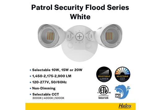 Patrol LED Security Flood Dual Heads NoMotion Sensor Lumen & CCT Selectable 10W-15W-20W 1300-2900lm 3K-4K-5K 120-277VAC White Finish