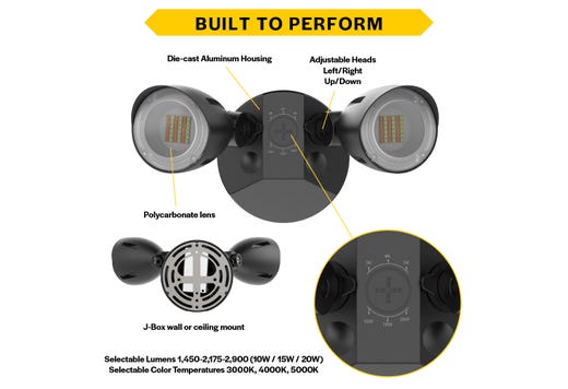 Patrol LED Security Flood Dual Heads NoMotion Sensor Lumen & CCT Selectable 10W-15W-20W 1300-2900lm 3K-4K-5K 120-277VAC Black Finish