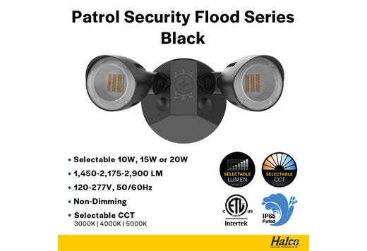 Patrol LED Security Flood Dual Heads NoMotion Sensor Lumen & CCT Selectable 10W-15W-20W 1300-2900lm 3K-4K-5K 120-277VAC Black Finish