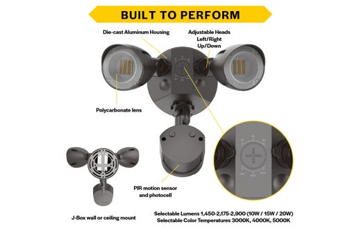 Patrol LED Security Flood Dual Heads with Motion Sensor-PC Lumen & CCT Selectable 10W-15W-20W 1300-2900lm 3K-4K-5K 120-277VAC Bronze Finish