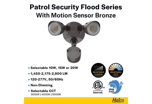 Patrol LED Security Flood Dual Heads with Motion Sensor-PC Lumen & CCT Selectable 10W-15W-20W 1300-2900lm 3K-4K-5K 120-277VAC Bronze Finish