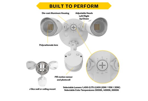 Patrol LED Security Flood Dual Heads With Motion Sensor-PC Lumen & CCT Selectable 10W-15W-20W 1300-2900lm 3K-4K-5K 120-277VAC White Finish