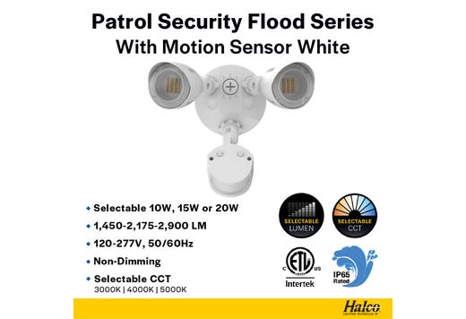 Patrol LED Security Flood Dual Heads With Motion Sensor-PC Lumen & CCT Selectable 10W-15W-20W 1300-2900lm 3K-4K-5K 120-277VAC White Finish