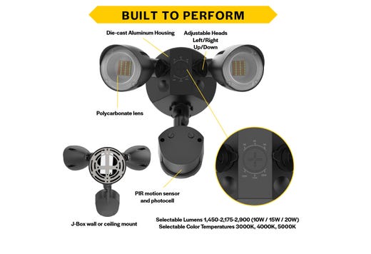 Patrol LED Security Flood Dual Heads With Motion Sensor-PC Lumen & CCT Selectable 10W-15W-20W 1300-2900lm 3K-4K-5K 120-277VAC Black Finish