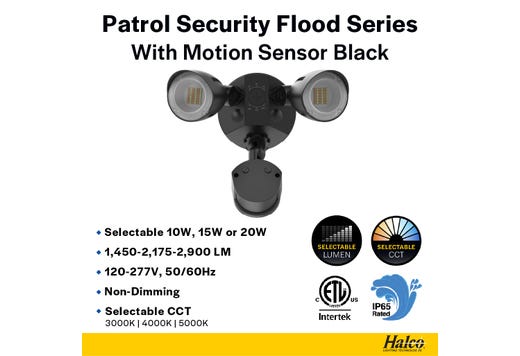 Patrol LED Security Flood Dual Heads With Motion Sensor-PC Lumen & CCT Selectable 10W-15W-20W 1300-2900lm 3K-4K-5K 120-277VAC Black Finish
