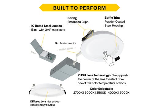 LED Slim Downlight 6in, Baffle Trim, 13W, 1100 Lumen, Push Lens for CCT Select 27/30/35/40/50, 90CRI, 120V Triac Dim