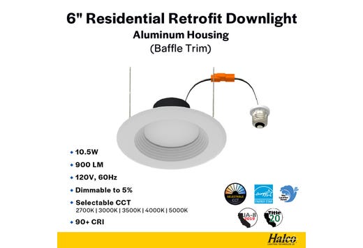 ProLED Select Retrofit Downlight 6in 10.5W Color Selectable 900 lumen Dimmable Baffle Trim