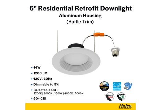 ProLED Select Retrofit Downlight 6in 14W Color Selectable 1200 lumen Dimmable Baffle Trim