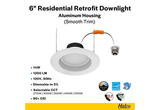 ProLED Select Retrofit Downlight 6in 14W Color Selectable 1200 lumen Dimmable Smooth Trim
