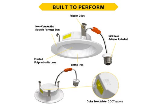 Residential Retrofit Downlight 4in 700lm 2700-5000K Color Select 7.5W Baffle Trim 120V Triac Dimmable Non-Conductive Polymer Plastic Housing