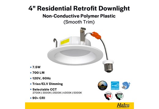 Residential Retrofit Downlight 4in 700lm 2700-5000K Color Select 7.5W Smooth Trim 120V Triac Dimmable Non-Conductive Polymer Plastic Housing