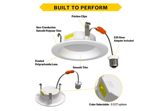 Residential Retrofit Downlight 4in 700lm 2700-5000K Color Select 7.5W Smooth Trim 120V Triac Dimmable Non-Conductive Polymer Plastic Housing