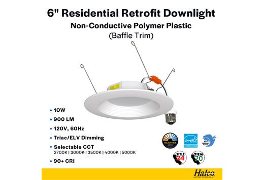 Residential Retrofit Downlight 6in 900lm 2700-5000K Color Select 10W Baffle Trim 120V Triac Dimmable Non-Conductive Polymer Plastic Housing