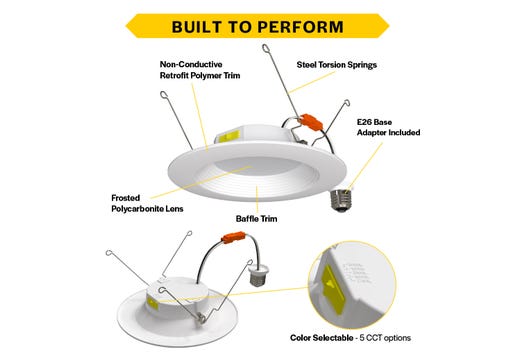 Residential Retrofit Downlight 6in 900lm 2700-5000K Color Select 10W Baffle Trim 120V Triac Dimmable Non-Conductive Polymer Plastic Housing