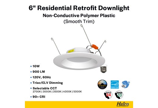 Residential Retrofit Downlight 6in 900lm 2700-5000K Color Select 10W Smooth Trim 120V Triac Dimmable Non-Conductive Polymer Plastic Housing