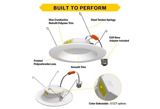 Residential Retrofit Downlight 6in 900lm 2700-5000K Color Select 10W Smooth Trim 120V Triac Dimmable Non-Conductive Polymer Plastic Housing