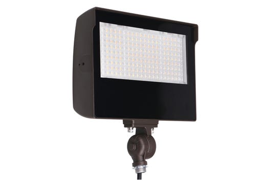 LED Sektor Floodlight Bronze with Lens Shift Technology Lumen Selectable (6500-11840Lm/50-60-80W) Color Selectable (3K-4K-5K) 120-277VAC 0-10V Dimm Adj Beam Angle 55 75 or 90 Deg Integrated On/Off Photocell - Slip Fit Knuckle & Trunnion Mount