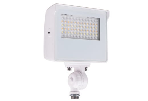 LED Sektor Floodlight White with Lens Shift Technology Lumen Selectable (1950-4440Lm/15-20-30W) Color Selectable (3K-4K-5K) 120-277VAC 0-10V Dimming Adj Beam Angle 55 75 or 90 Deg Integrated On/Off Photocell - Knuckle & Trunnion Mount