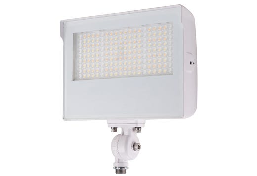 LED Sektor Floodlight White with Lens Shift Technology Lumen Selectable (4550-8140Lm/35-45-55W) Color Selectable (3K-4K-5K) 120-277VAC 0-10V Dimming Adj Beam Angle 55 75 or 90 Deg Integrated On/Off Photocell - Knuckle & Trunnion Mount