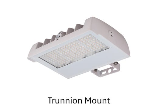 LED Sektor Floodlight White with Lens Shift Technology Lumen Selectable (6500-11840Lm/50-60-80W) Color Selectable (3K-4K-5K) 120-277VAC 0-10V Dimm Adj Beam Angle 55 75 or 90 Deg Integrated On/Off Photocell - Slip Fit Knuckle & Trunnion Mount