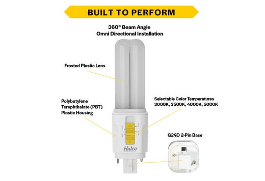LED Double Tube Omni-Directional Plug-In Lamp G24D 2-Pin Base 3000K-3500K-4000K-5000K 5.5 Watt (13W Equivalent) Hybrid Type A (Magnetic Ballast) - Type B, Non-Dimmable