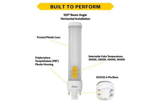 LED Double Tube Horizontal Plug-In Lamp G24Q 4-Pin Base 3000K-3500K-4000K-5000K 9.5 Watt (26W Equivalent) Ballast Compatable Type A, Dimmable