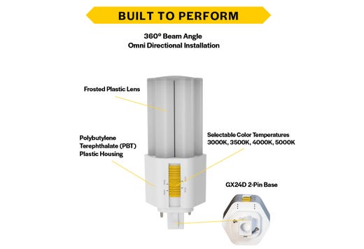 LED Triple Tube Omni-Directional Plug-In Lamp GX24D 2-Pin Base 3000K-3500K-4000K-5000K 7 Watt (18W Equivalent) Ballast Bypass Type B, Non-Dimmable