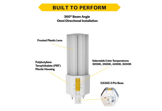 LED Triple Tube Omni-Directional Plug-In Lamp GX24D 2-Pin Base 3000K-3500K-4000K-5000K 9 Watt (26W Equivalent) Ballast Bypass Type B, Non-Dimmable