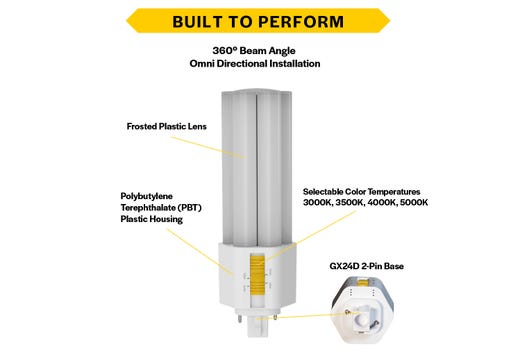 LED Triple Tube Omni-Directional Plug-In Lamp GX24D 2-Pin Base 3000K-3500K-4000K-5000K 15 Watt (32W Equivalent) Ballast Bypass Type B, Non-Dimmable