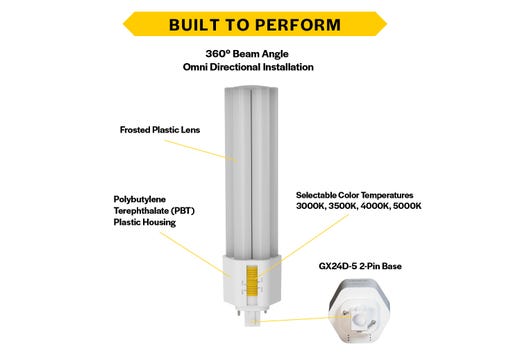 LED Triple Tube Omni-Directional Plug-In Lamp GX24D-5 2-Pin Base 3000K-3500K-4000K-5000K 23 Watt (57W Equivalent) Ballast Bypass Type B, Non-Dimmable
