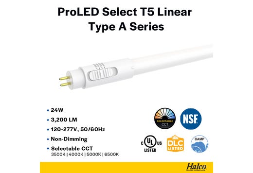 LED T5 48in 24W Type A (Direct) CCT Selectable 35K-40K-50K-65K 3200L 50K Hrs Miniature Bi-Pin (G5), Non-Dimmable 120-277V