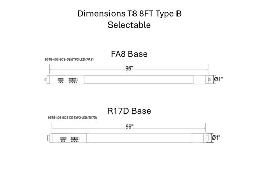 LED T8 96in Color Selectable 3000K-6500K Double Ended Type B (Bypass) Lumen Selectable (3500-4400-5500/24W-32W-40W) with FA8 and R17D End Caps Non-Dimmable (DLC Listed for FA8 only)