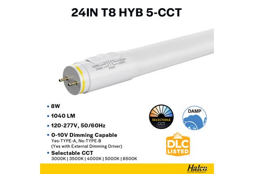 LED T8 Hybrid Linear Tube 24in 8W Color Selectable 30K-35K-40K-50K-65K Type A-B DuoConnect 120-277V 1040 Lumens 50000 hours Medium Bi-Pin (G13) Base PET Coated Glass 83 CRI