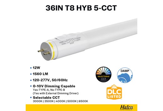 LED T8 Hybrid Linear Tube 36in 12W Color Selectable 30K-35K-40K-50K-65K Type A-B DuoConnect 120-277V 1560 Lumens 50000 hours Medium Bi-Pin (G13) Base PET Coated Glass 83 CRI