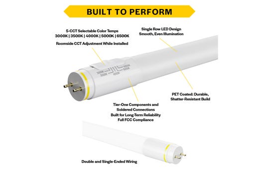 LED T8 Hybrid Linear Tube 24in 8W Color Selectable 30K-35K-40K-50K-65K Type A-B DuoConnect 120-277V 1040 Lumens 50000 hours Medium Bi-Pin (G13) Base PET Coated Glass 83 CRI