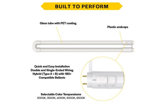LED T8 U-Bend 1-5/8in Hybrid Type A/B 15W CCT Select 30K-35K-40K-50K-65K 1950lm 50K Hrs Medium Bi-Pin (G13) TA-Dim, TB-Dim with Driver