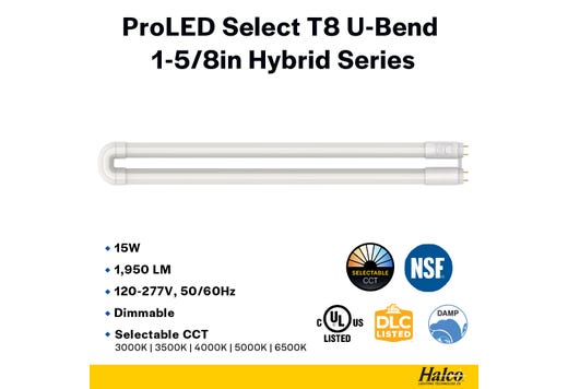 LED T8 U-Bend 1-5/8in Hybrid Type A/B 15W CCT Select 30K-35K-40K-50K-65K 1950lm 50K Hrs Medium Bi-Pin (G13) TA-Dim, TB-Dim with Driver