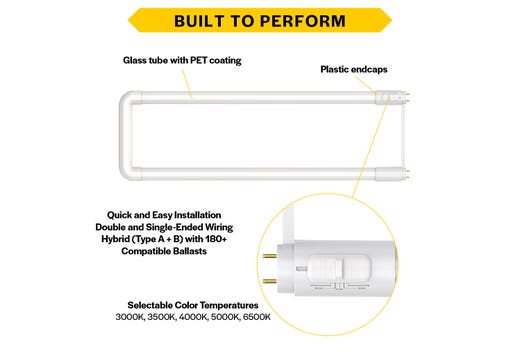 LED T8 U-Bend 6in Hybrid Type A/B 15W CCT Select 30K-35K-40K-50K-65K 1950lm 50K Hrs Medium Bi-Pin (G13) TA-Dim, TB-Dim with Driver