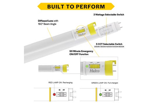 LED T8 Emergency Linear Tube 48in Type B with 90 min Battery Backup (2-pack) 17W 5-CCT Selectable 1500-2200 Lumens, Medium Bi-Pin G13 Base 80 CRI 120-277V UL924 NSF Rated