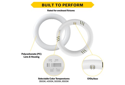 LED Circline 8in T9 11W Hybrid Type A/B 35K-40K-50K-65K CCT Selectable 1400 Lumens 35K Hrs G10q Base Non-Dimmable