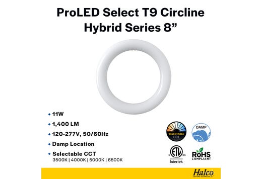 LED Circline 8in T9 11W Hybrid Type A/B 35K-40K-50K-65K CCT Selectable 1400 Lumens 35K Hrs G10q Base Non-Dimmable