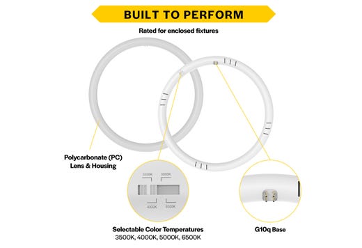 LED Circline 12in T9 16W Hybrid Type A/B 35K-40K-50K-65K CCT Selectable 2000 Lumens 35K Hrs G10q Base Non-Dimmable