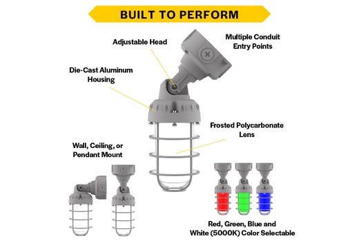 LED Vaportight Adjustable Arm Lumen and Color Selectable 1755-2700LM Red Green Blue or White(5K) 120-277VAC Polycarbonate Lens Grey Die-cast Aluminum Body (13W-15W-20W) Dimmable