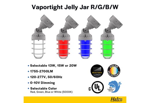 LED Vaportight Adjustable Arm Lumen and Color Selectable 1755-2700LM Red Green Blue or White(5K) 120-277VAC Polycarbonate Lens Grey Die-cast Aluminum Body (13W-15W-20W) Dimmable