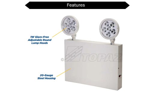Topaz LED White Steel Emergency Unit NYC Approved Adjustable 2-Head with 90-min Battery Backup