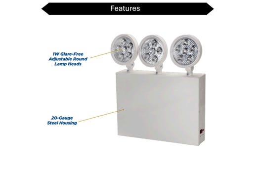 Topaz LED White Steel Emergency Unit NYC Approved Adjustable 3-Head with 90-min Battery Backup