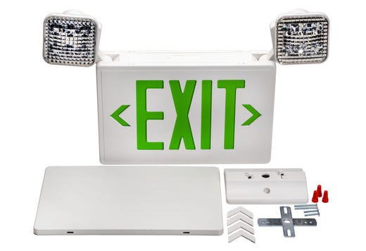 Topaz White LED Exit-EM Combo Green Legend 90-min Battery Backup 2 Track or Swivel Adj Heads Single or Double Sided
