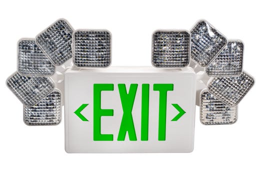 Topaz White LED Exit-EM Combo Green Legend 90-min Battery Backup 2 Track or Swivel Adj Heads Single or Double Sided